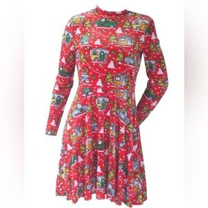 🤶 Born Famous Womens Red Truck & Camper Print L-Sleeve Christmas Holiday Dress